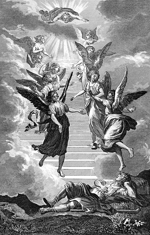 Jacob's ladder. 1868 illustration depicting Jacob's dream of a ladder connecting the Earth with Heaven. The story of Jacob's ladder comes from the Book of Genesis in the Old Testament and the first book of the Hebrew Bible (the Tanakh).